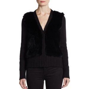 $565 ELIZABETH  & JAMES Black KNIT Sweater RABBIT FUR Plush CARDIGAN ( M )